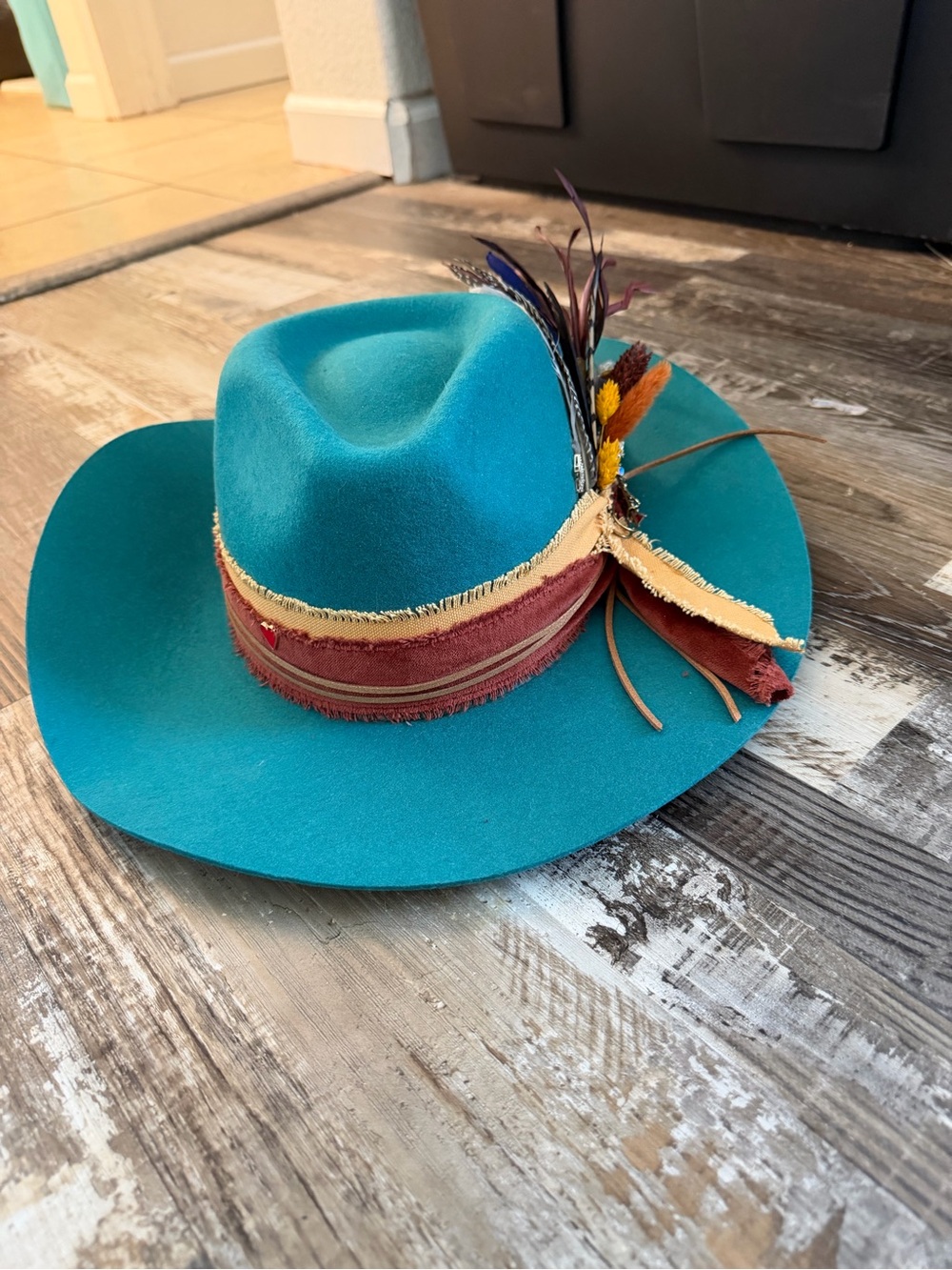 Teal Felt + Feather Hat Bar Rancher with Rustic Band and Feather Accent